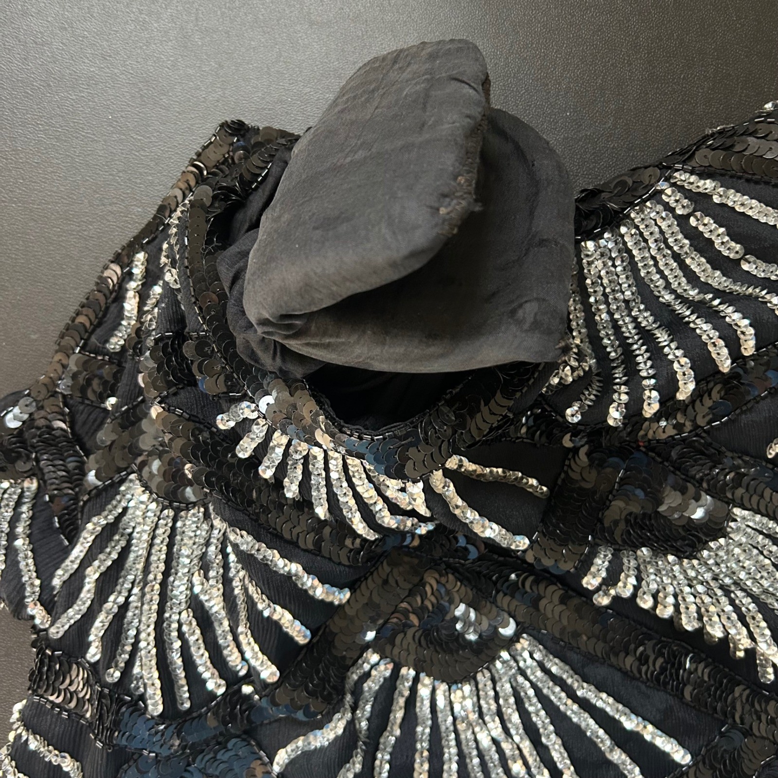 Vintage 80’s Joseph Le Bon Silk Sequin Art Deco Fan Blouse Black Silver XL