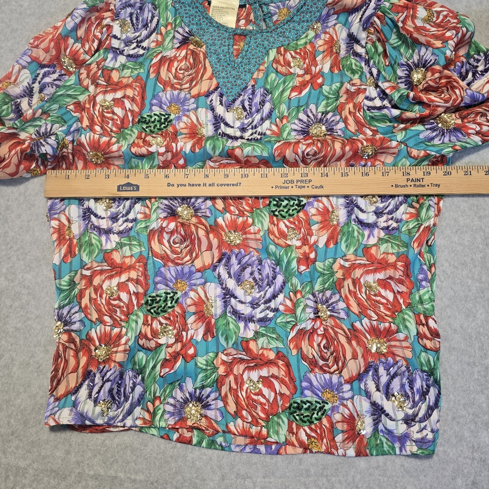 Vintage Floral Sequin Blouse Womens L Multicolor Pleated 80s Balloon Sleeve