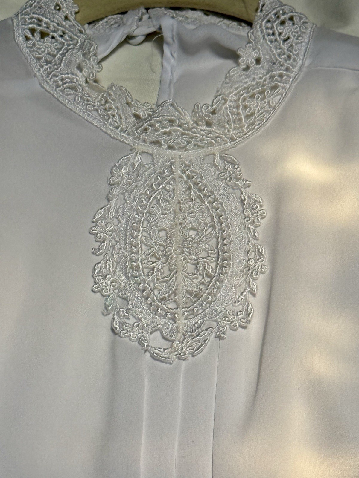 Vtg 1980 Sheer Ivory Blouse Lace Collar/Bib Front Victorian Revival Puff Sleeve