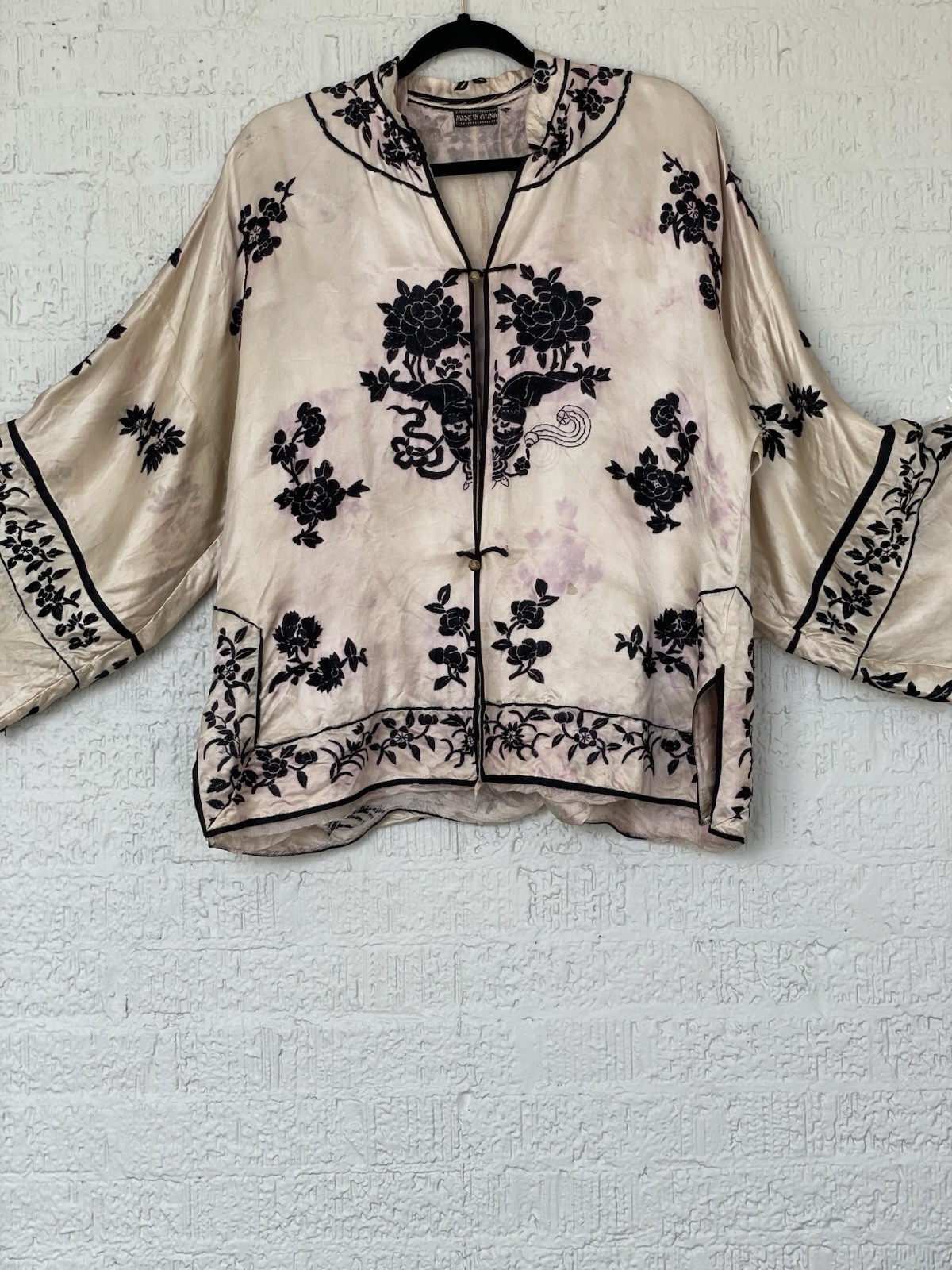 🌸 Antique 1920s Chinese Silk Embr.Jacket Hand-Stitched Black Peony, Art Deco Er