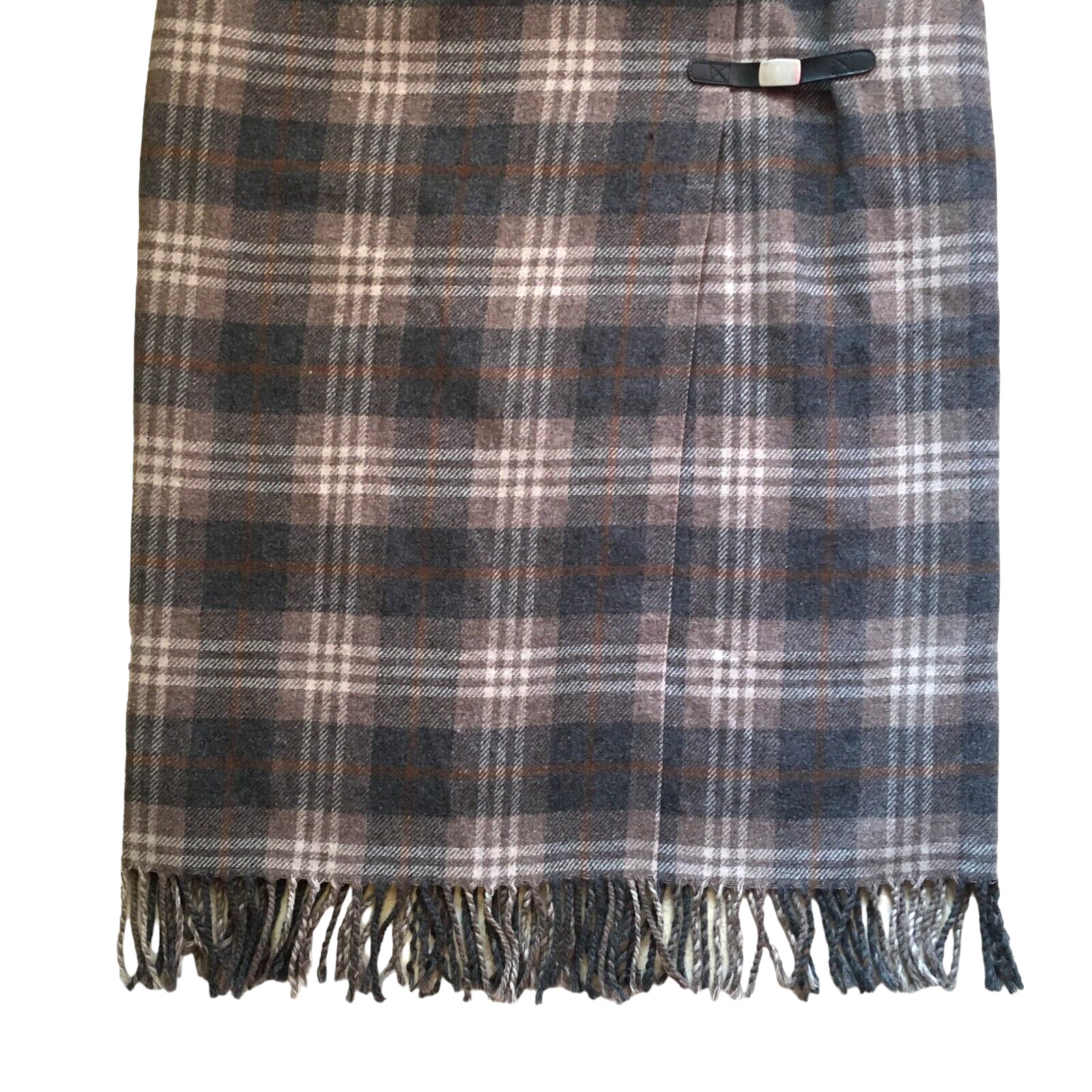 Vintage 80’s David N. Sz. 8 Womens Midi Wrap Skirt Plaid Fringe Wool Blend Lined