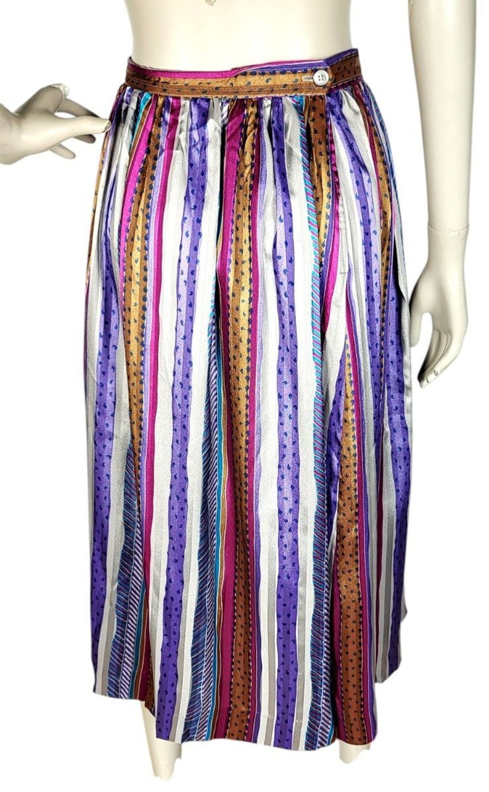 VTG 70s Evan Picone Silky Satin Mixed Media Puff Balloon Sleeve Blouse Skirt Set