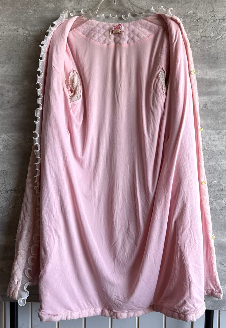 Vintage 1960s Paulette Chicago Pink Quilted Nylon Robe House Dress Size 14