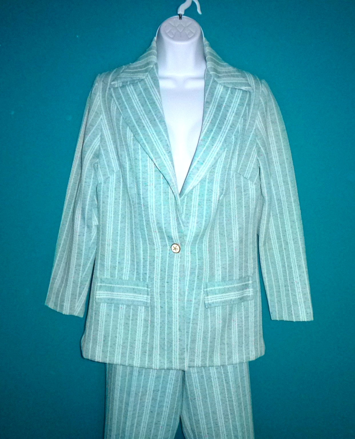 Vtg 70s Graff Textured Stretch Poly Pant Suit Aqua Colored Flecks Sz S