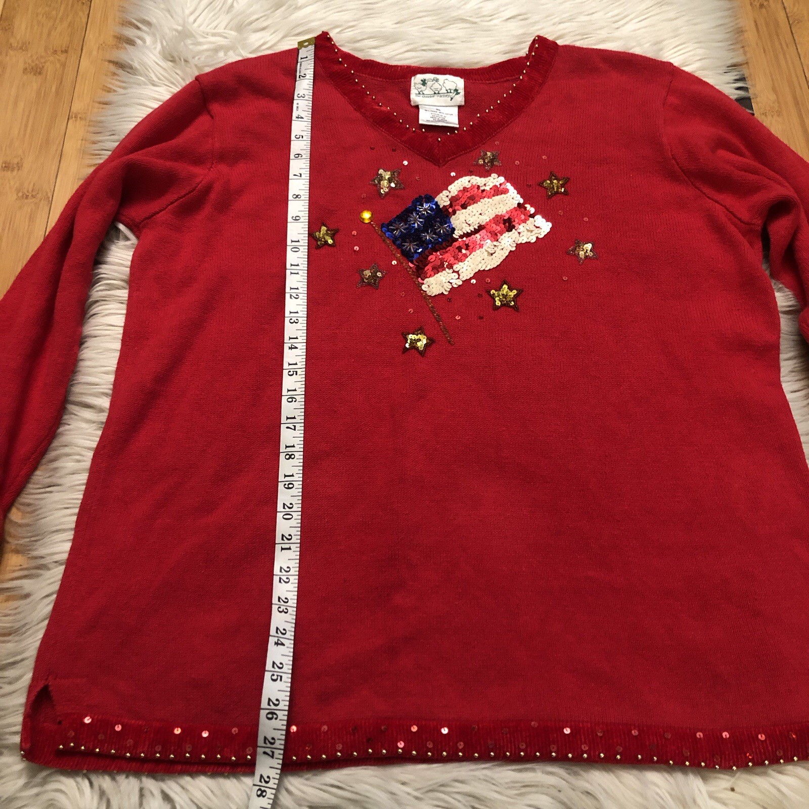 Vintage The Quacker Factory Sequins Beaded Patriot Flag Red Ugly Sweater size XL