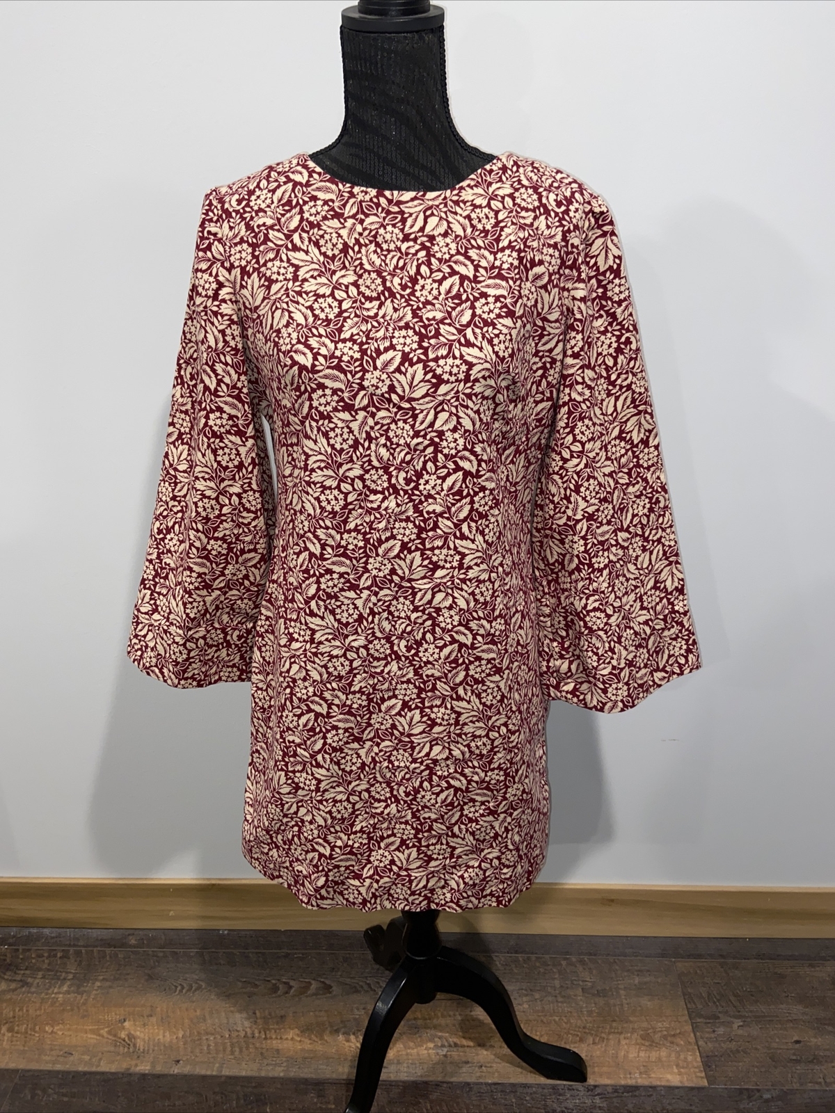 Vintage Homemade Handmade maroon and off white Floral Print Long Sleeve Dress