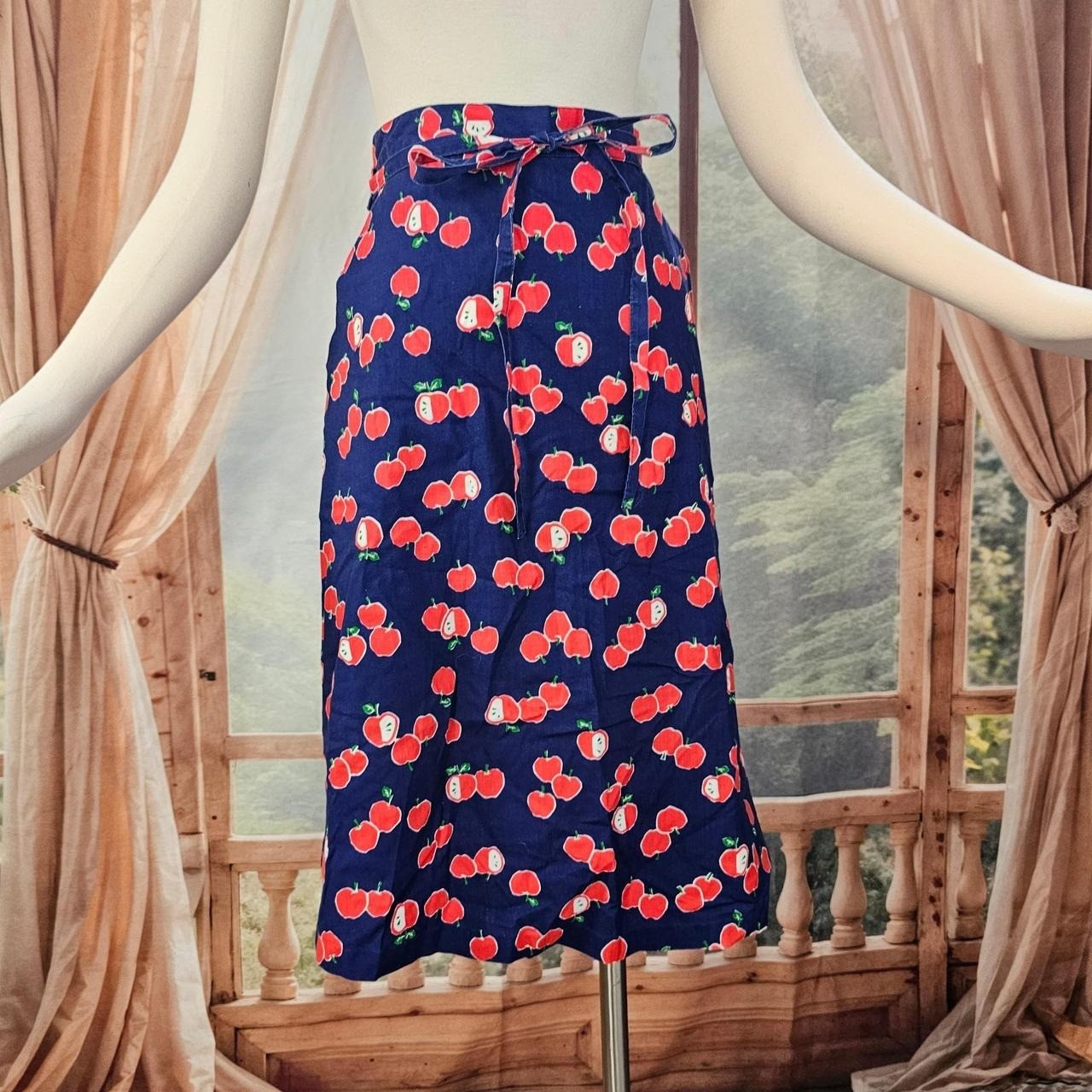 Vintage 1970s Wrap Skirt Navy Blue Red Apple Print Tie Closure Magic Union Label