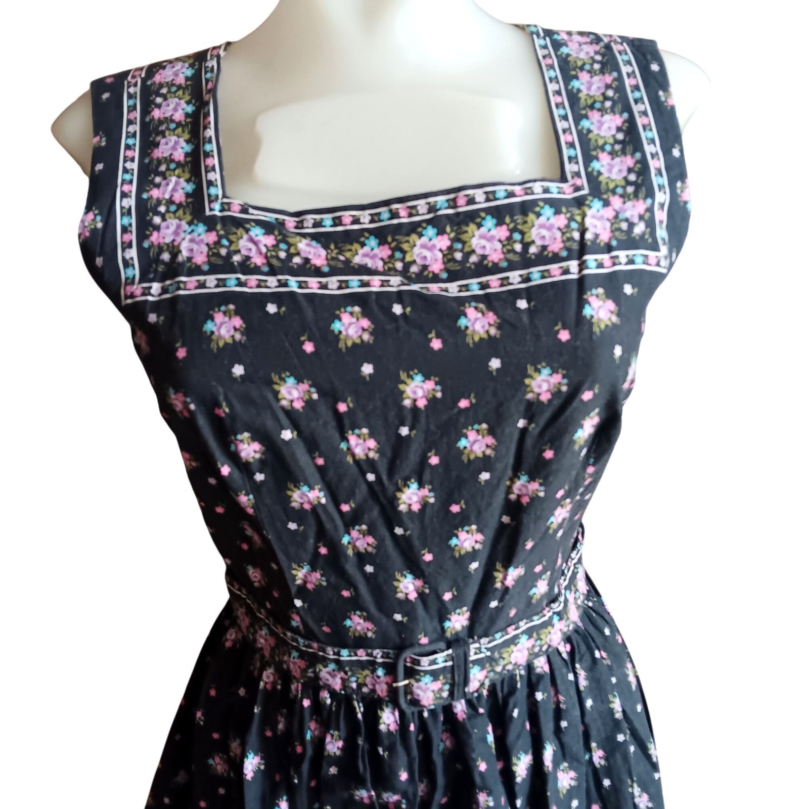 6/8 Vintage 1950’s Prairie Midi Dress Floral Sleeveless Pink Flowers Square Boho