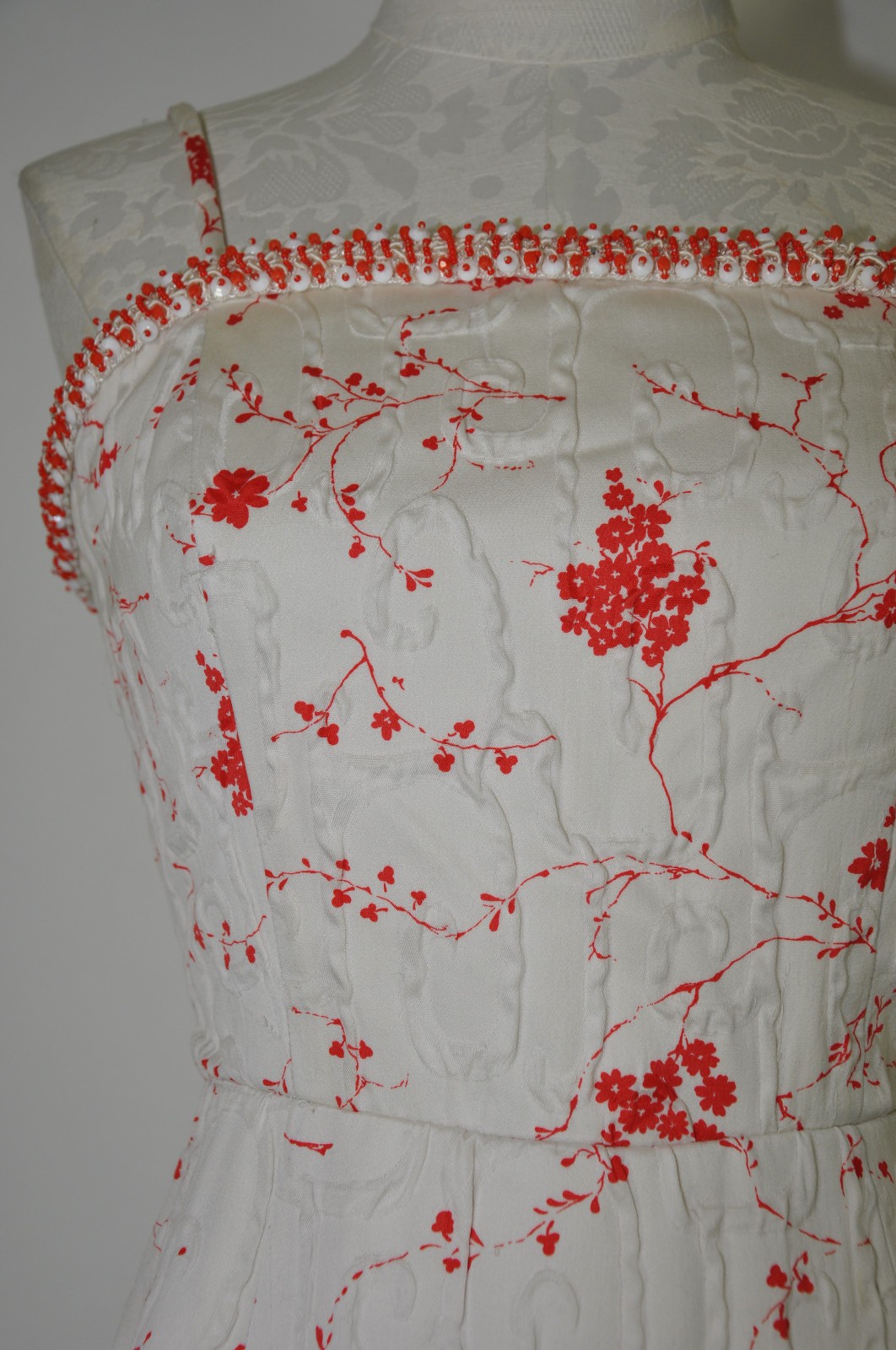 50s Vintage White Red Cherry Blossom Beaded Straps Full Skirt Day Dress Women XS