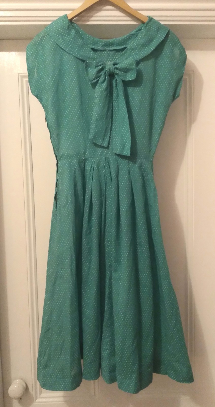 Vintage Dress 50s 60s Swiss Dot Green Pussy Bow Xs Semi Sheer Cotton Fit Flare