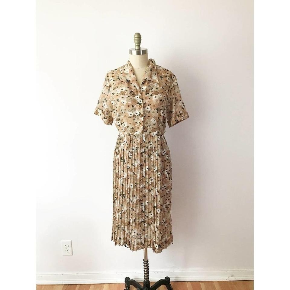 Vintage Floral Pleated Midi Dress Tan Brown Rhinestone Button Side Zip 1950s