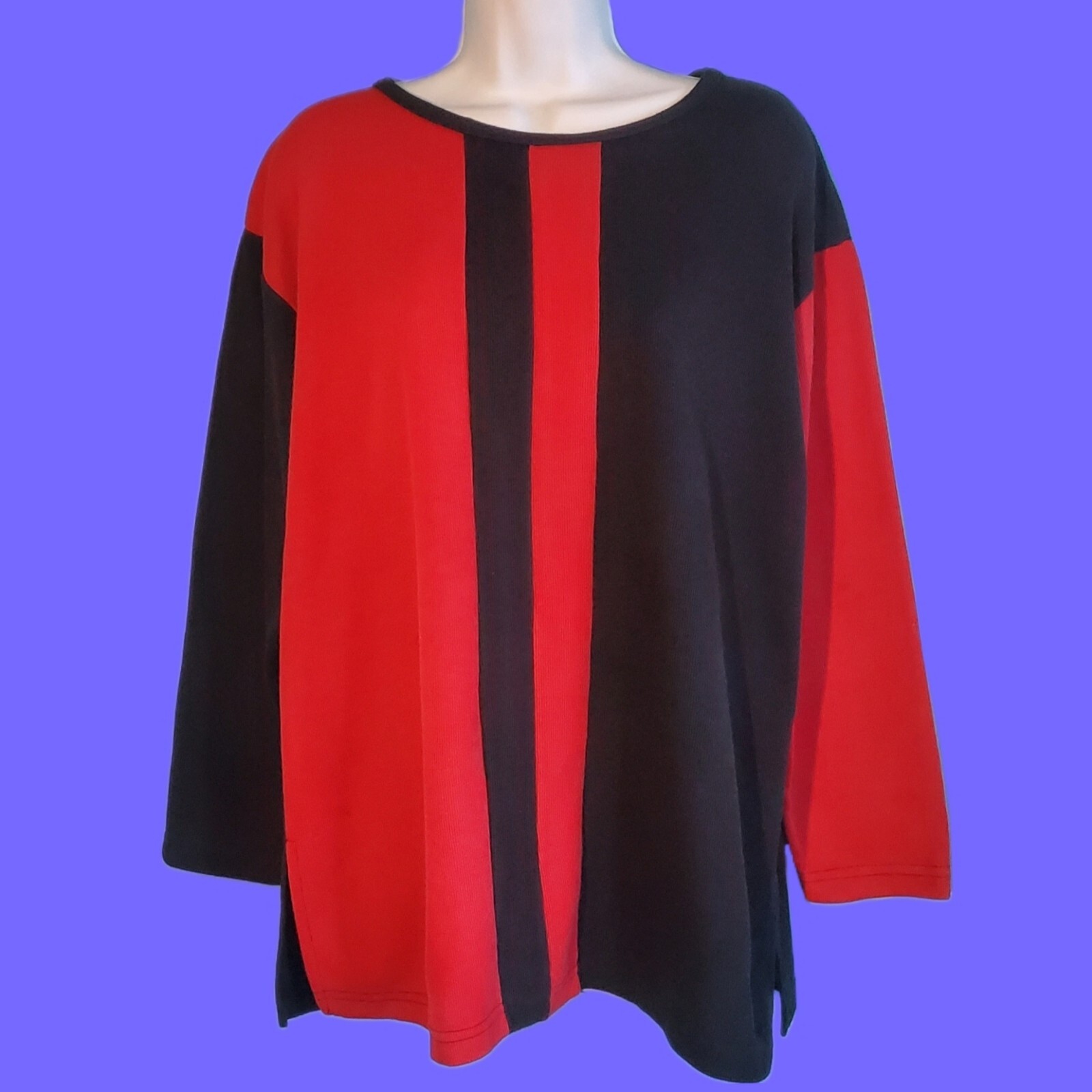 VINTAGE 90s AGENDÁ Colorblock Tunic Top Pullover Red Black Stripe Large