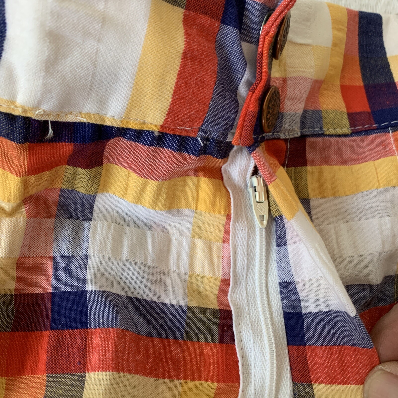 70’s Vintage White/Yellow/Red/Blue Seersucker Plaid Hippie Bell Bottom Pants NWT