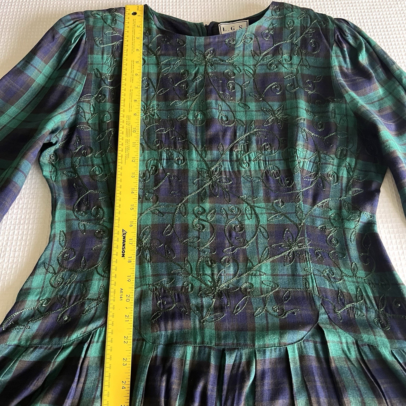 VTG LGS 90s Plaid Embroidered Drop Waist Maxi Dress 12 Tartan Plaid Shoulder Pad