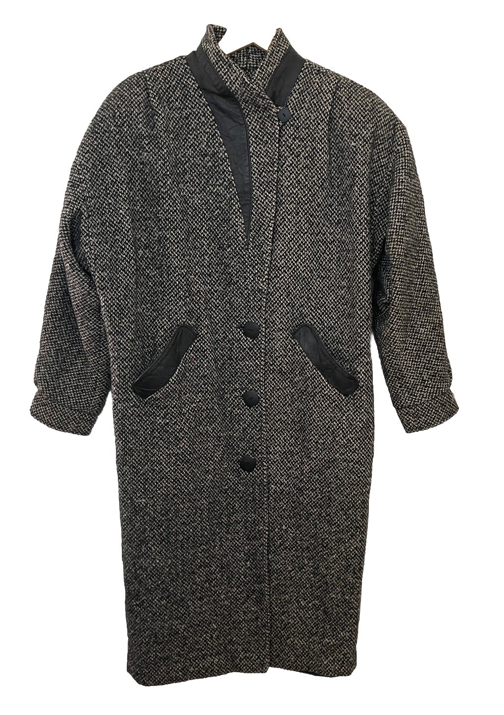 Vtg 80s DONNYBROOK Black White Tweed Long Coat w/Leather Accents Women Sz 12