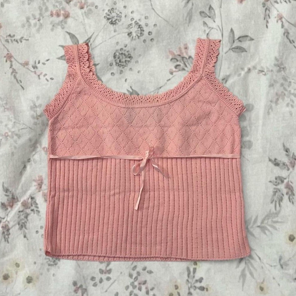 Vintage 90s Pc Knitwear Tank Top Pontielle Cotton Pink Cropped Knit Made in USA