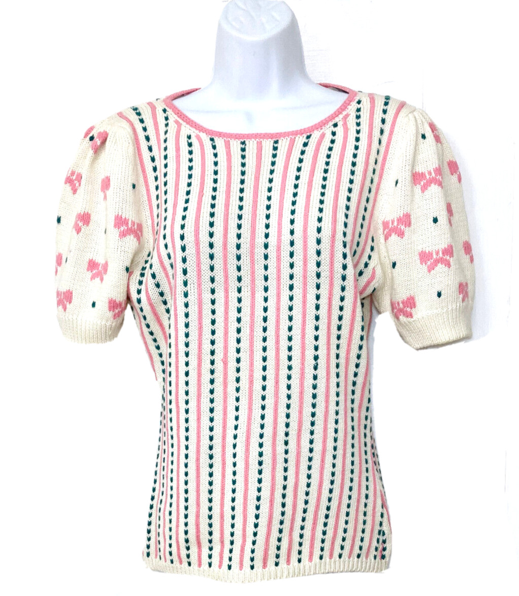 VINTAGE PINK BOWS SHORT SLEEVE COTTON SWEATER, CAMBRIDGE SPIRIT ,SMALL