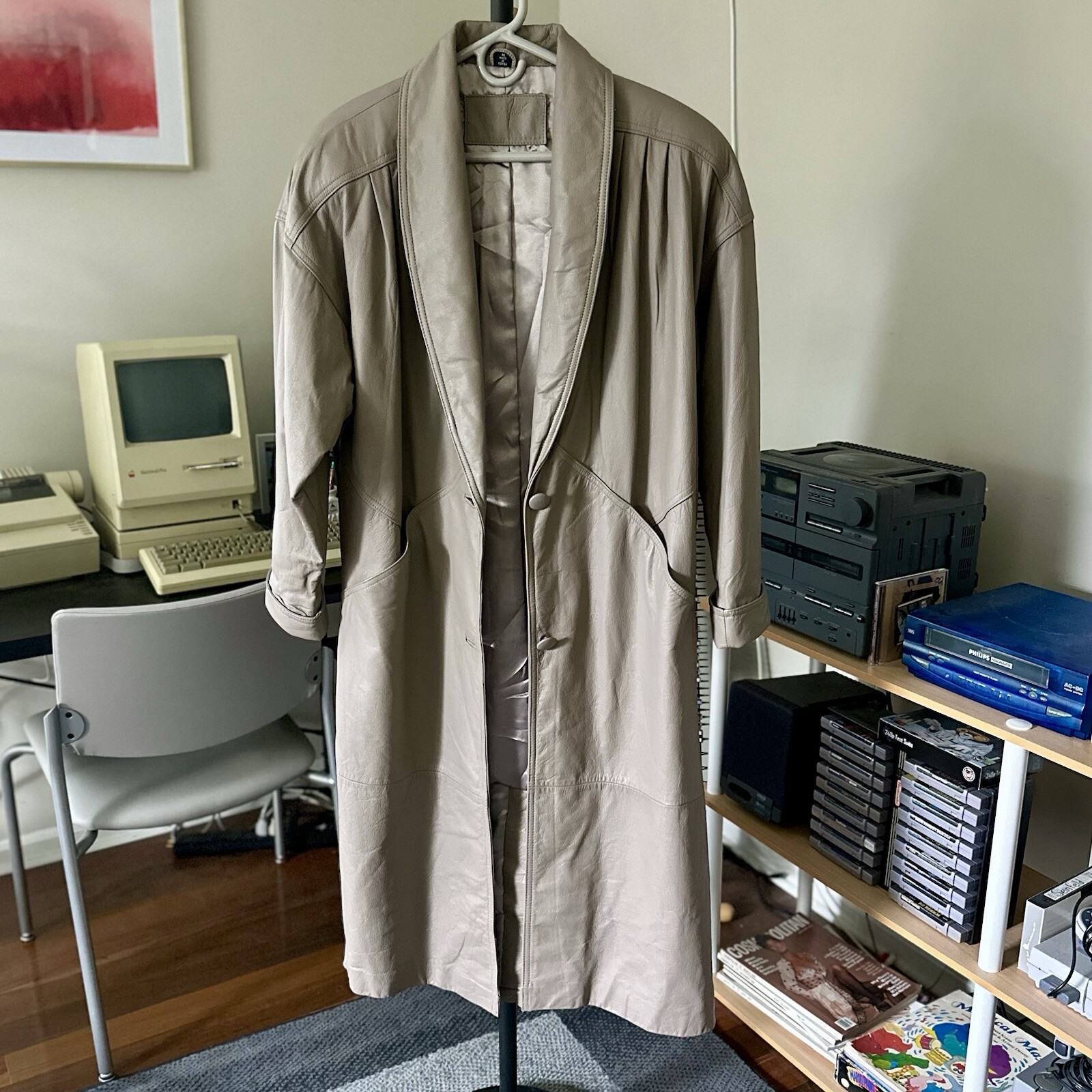 Vintage 80s Leather Trench Coat Jacqueline Ferrar Taupe Size M Spy Detective
