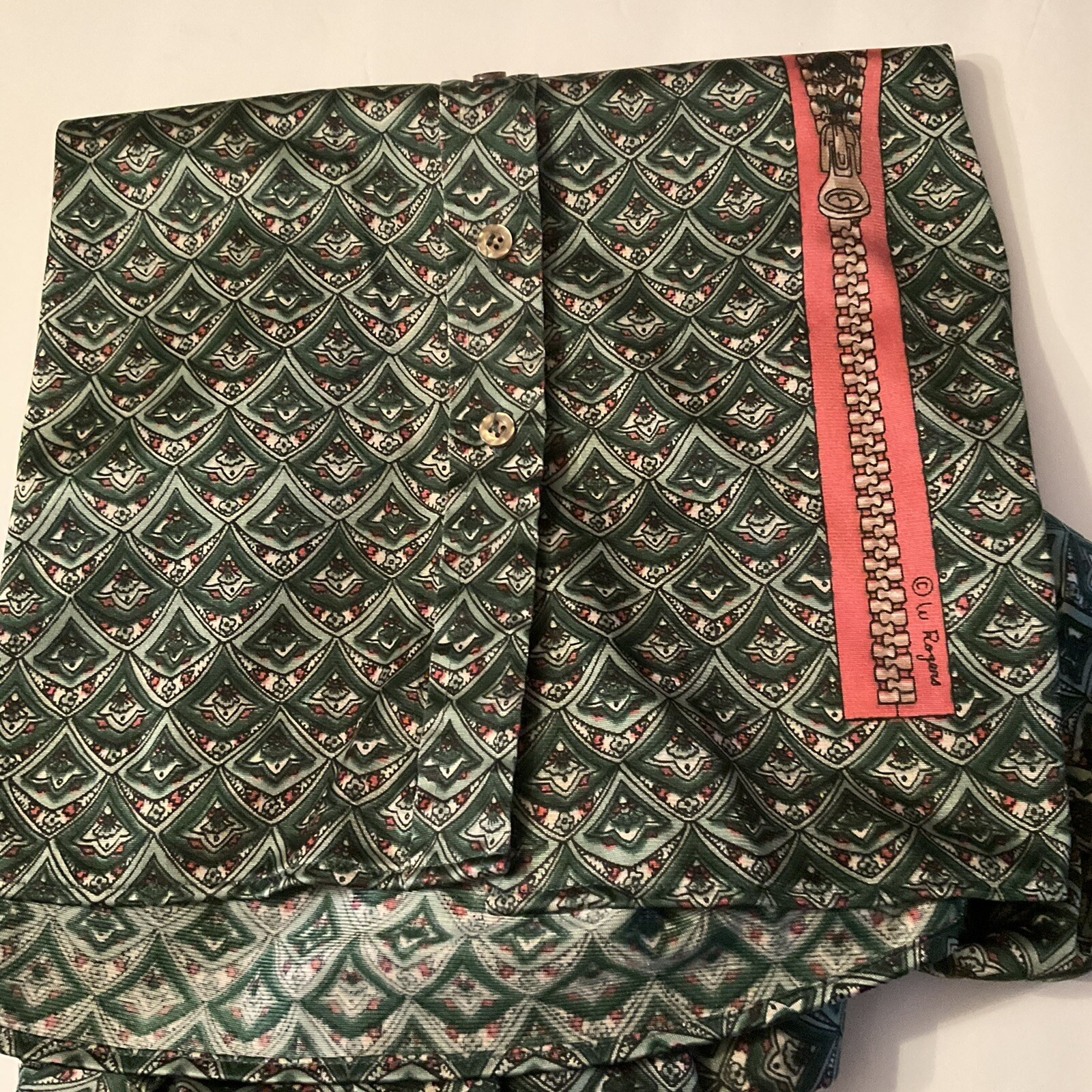 70s Wayne Rogers Shirt Nylon Designer Green Multiprint zipper Graphic M Button