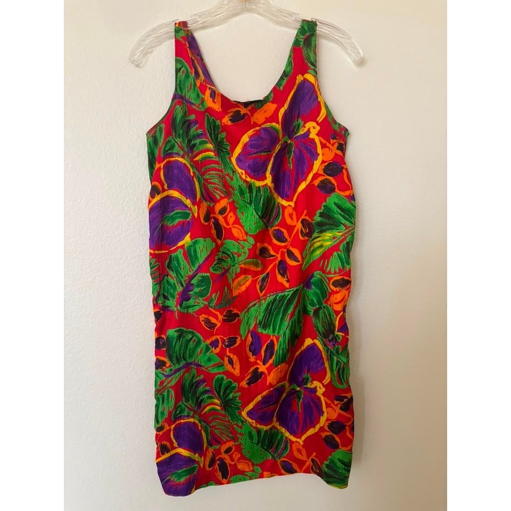 Vintage Russell Tropical Floral Shift Mini Dress Red Purple Hibiscus Sleeveless