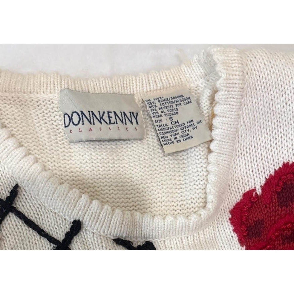 VTG Donnkenny Classics Rose Floral Lattice Knit Sweater Cream Red Small