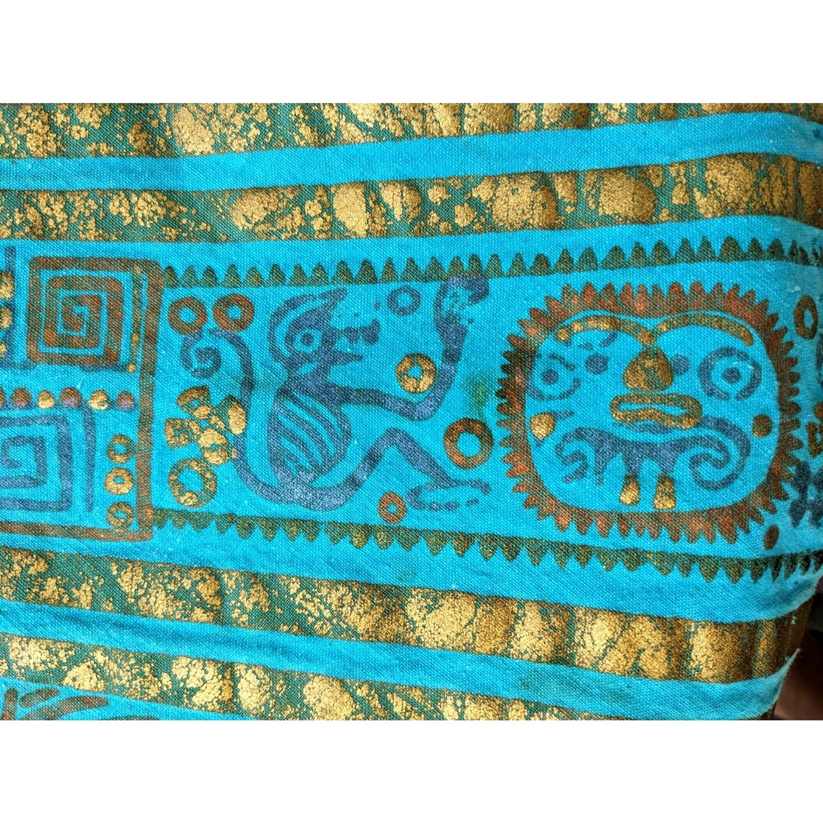 1950s MAYA de MEXICO Mayan Hieroglyph Hand Painted Aqua/Gold Circle Skirt sz. XS