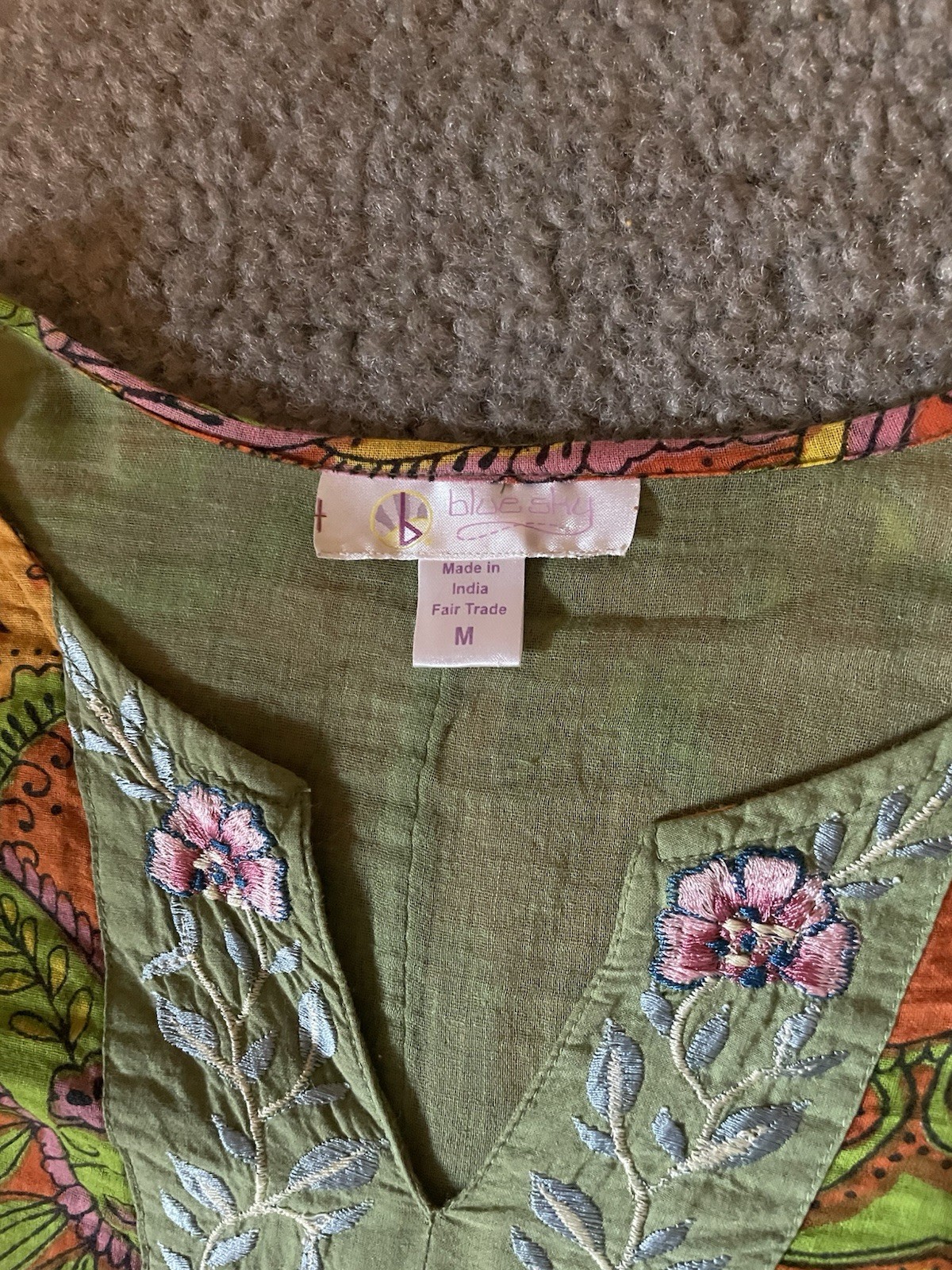 Vintage 90s Indian Cotton Paisley Tunic Top Boho Kurta Style Green Womens S/Med