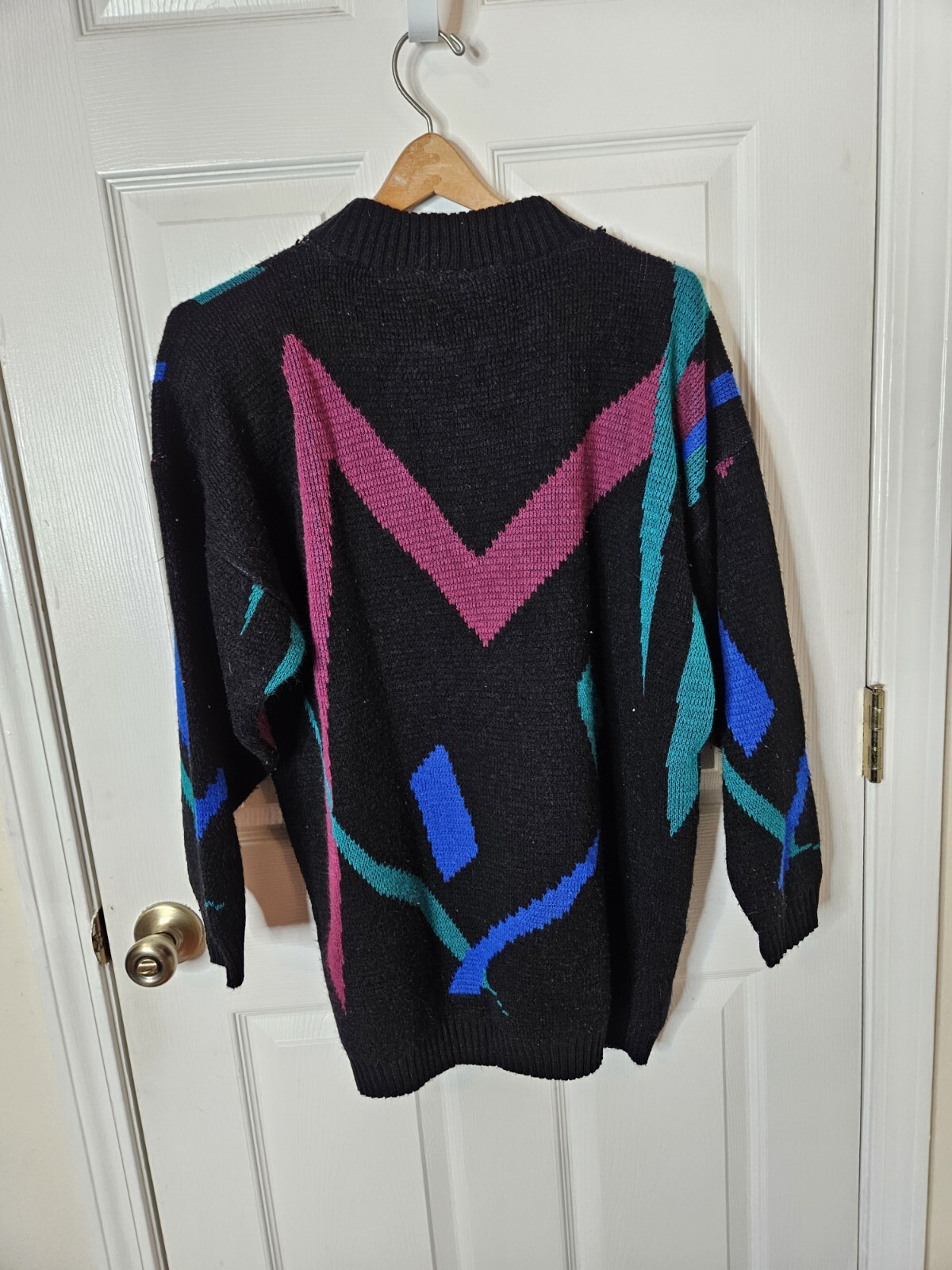 Vintage French Navy Multi Color Knit Ribbed Long Sleeve Sweater Size Large USA