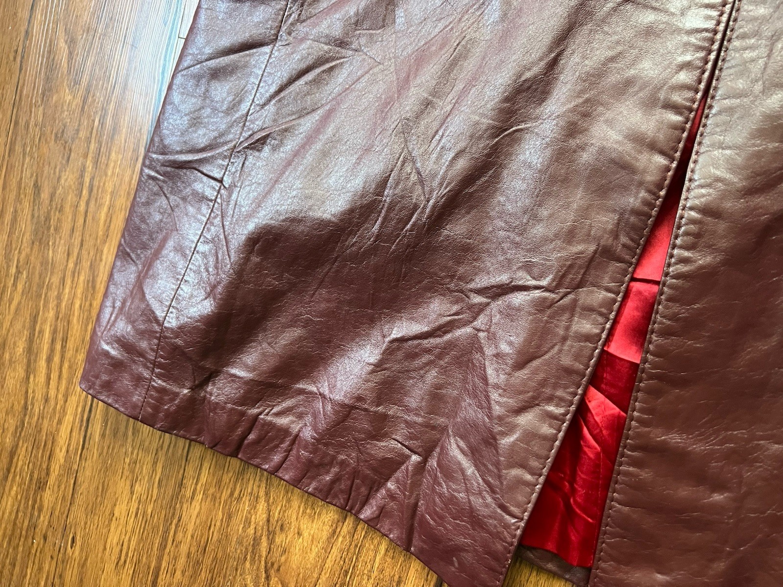 Vintage Suburban Heritage Leather Trench Coat Size 12 Burgundy Red Button 70s
