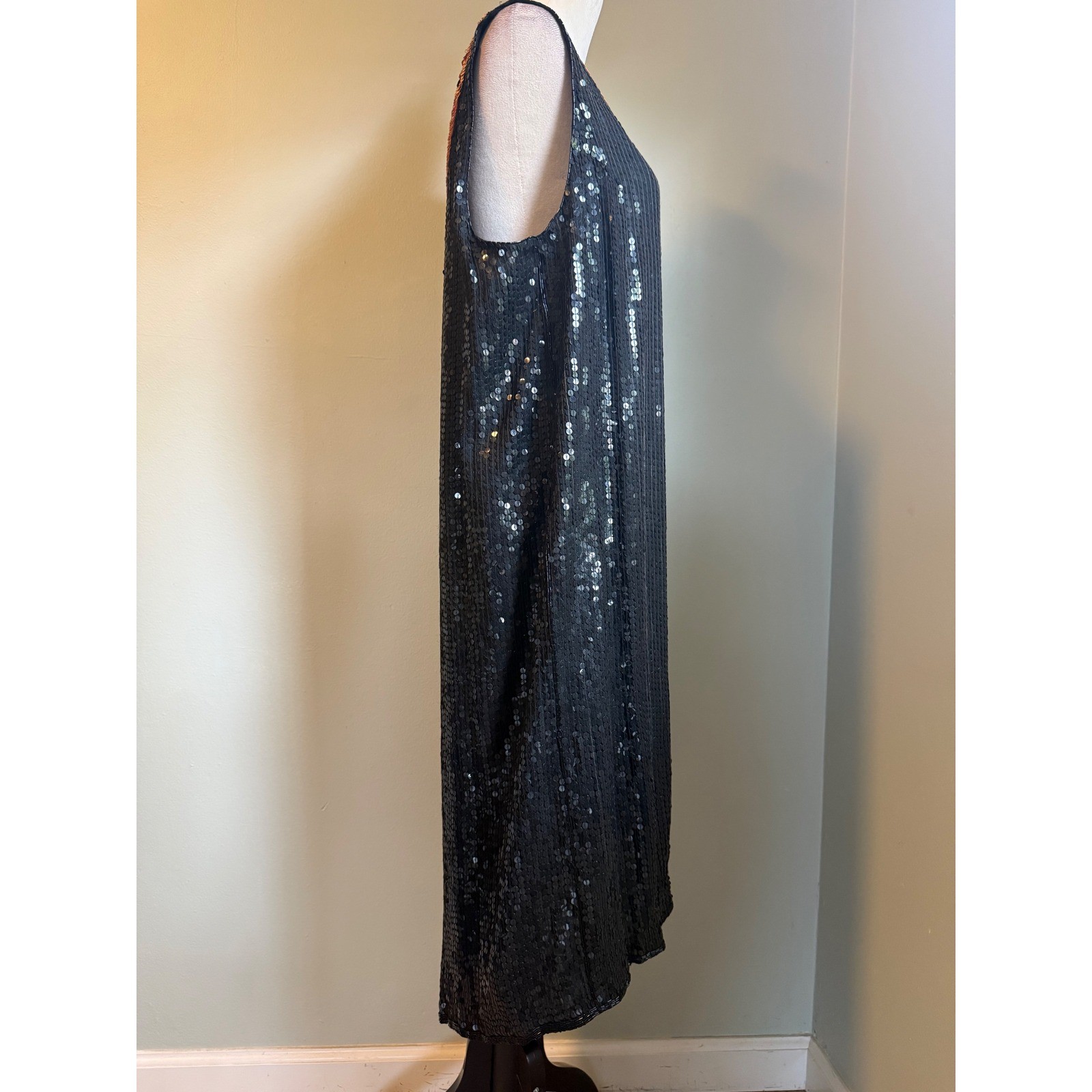 Vintage Black Sequin Silk Shift Dress 1X boho whimsi goth Party Midi Gown dress