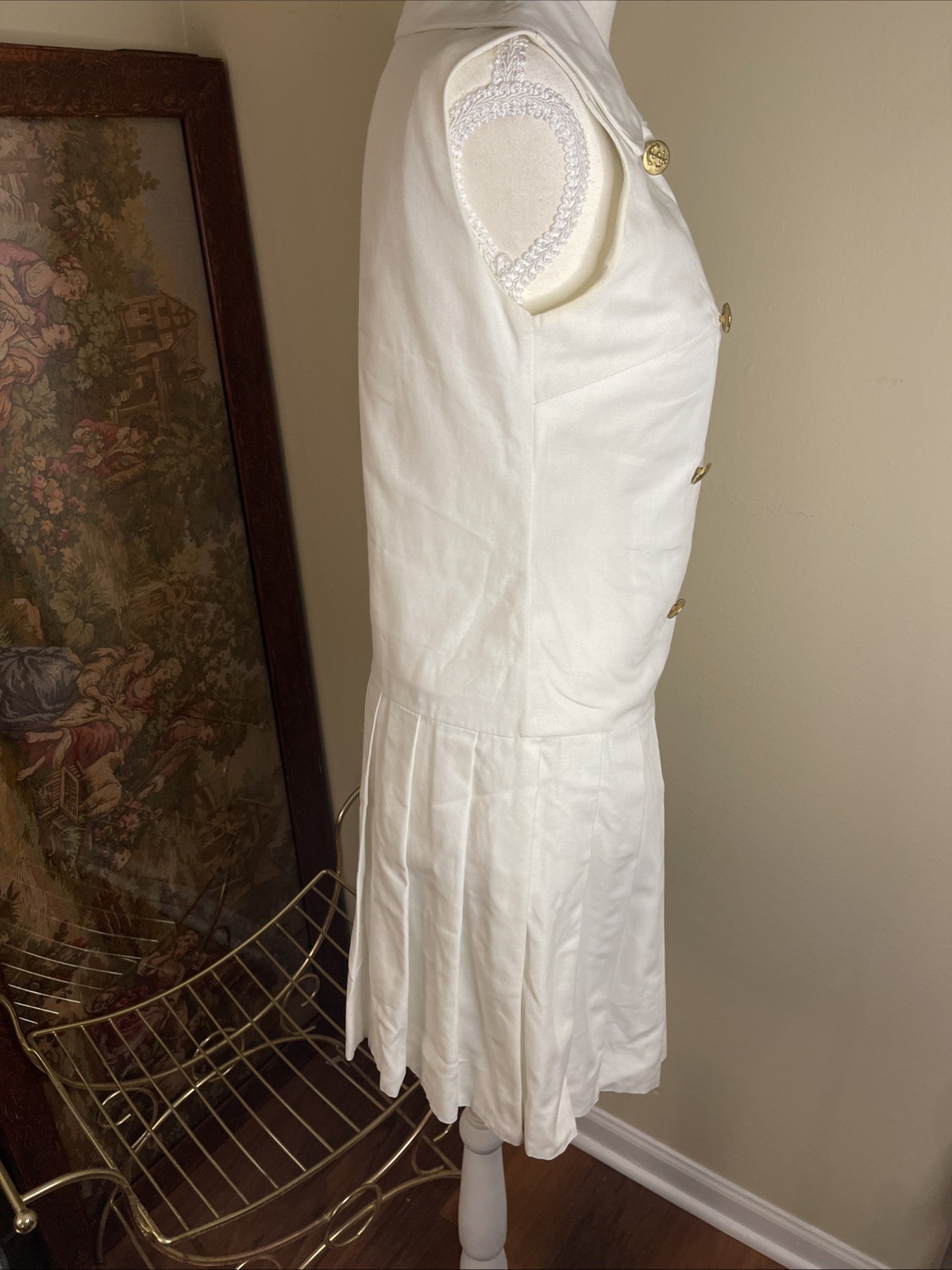 Vintage Thermo Jac Nautical Sailor Dress White Gold Button Pleated