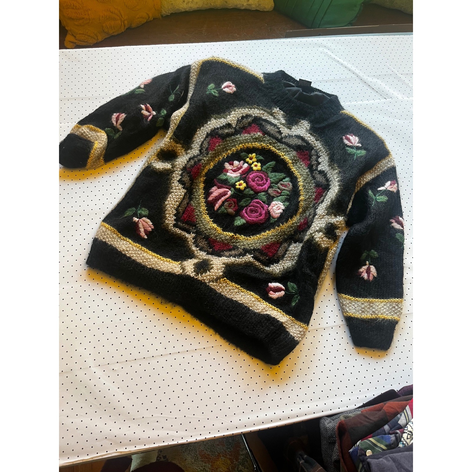 Siba Vintage Hand Knitted Mohair Floral Medallion Sweater Lined Black Mens M