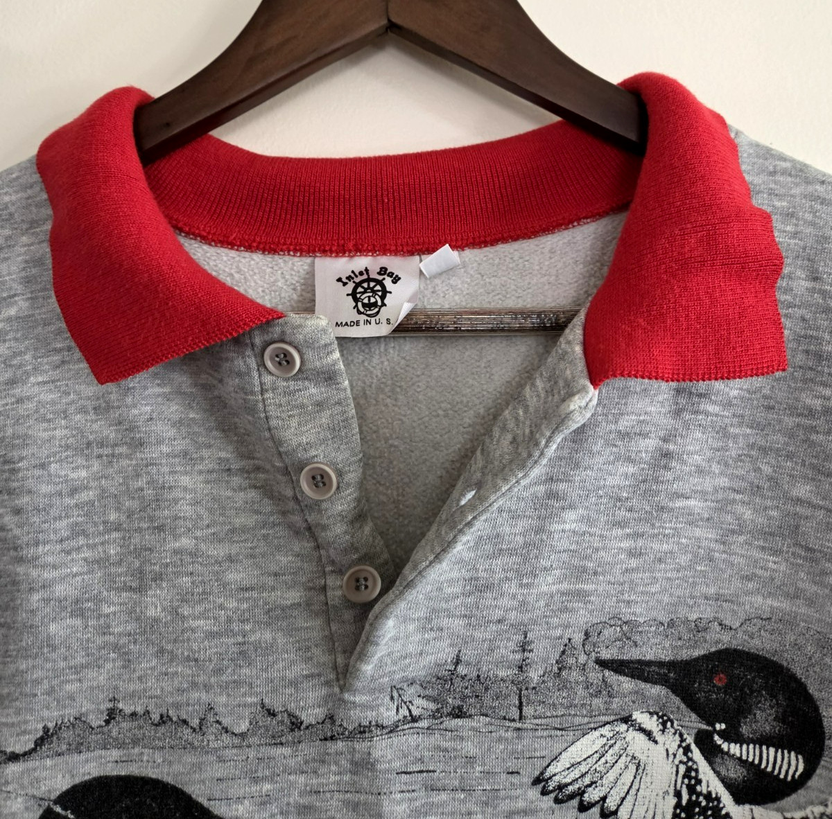 Vintage Loons Sweatshirt Gray Red Cuffs Collar Inlet Bay Made In USA XL Womens