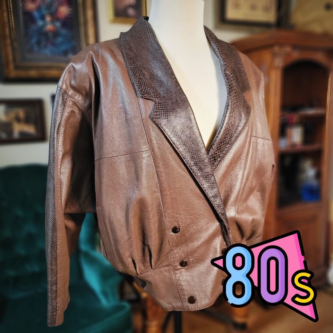 Lora Brown Leather Jacket Vintage 80s Snakeskin Print Trim Batwing Cropped 8