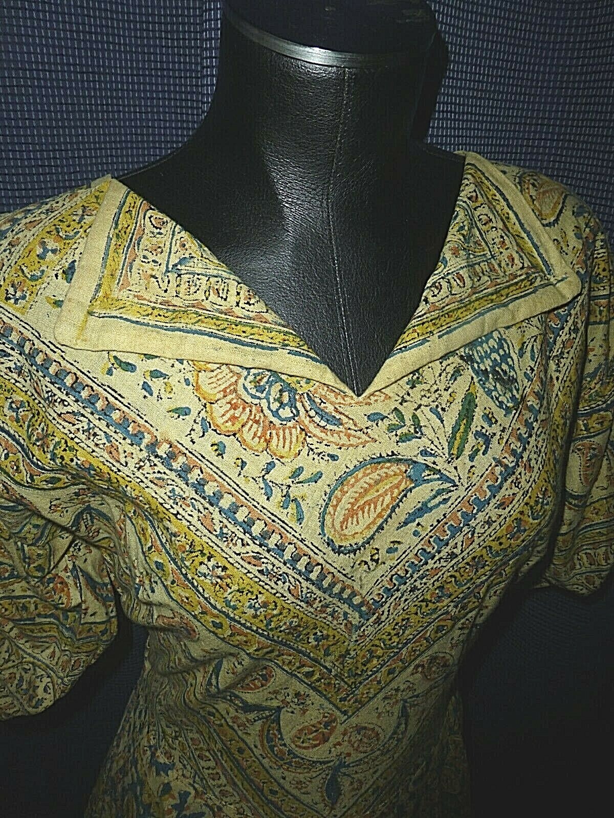 Vtg 50s INDIA Block Print Cotton Ethnic Hippie Boho Gypsy Full Skirt maxi Dress