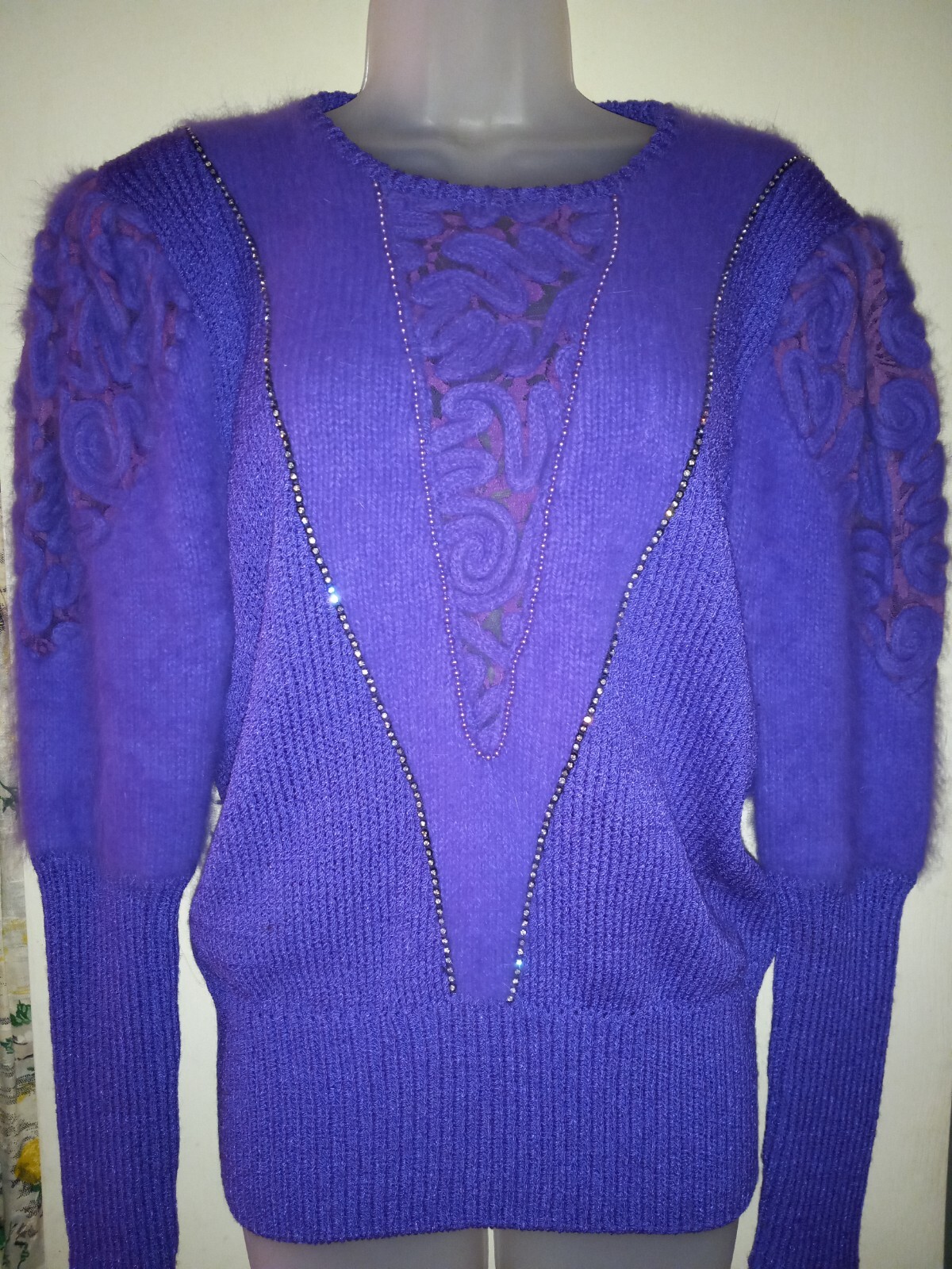 Vintage 80s Eugenia Purple Angora Embellished Rhinestone Lace Knit Sweater EUC L