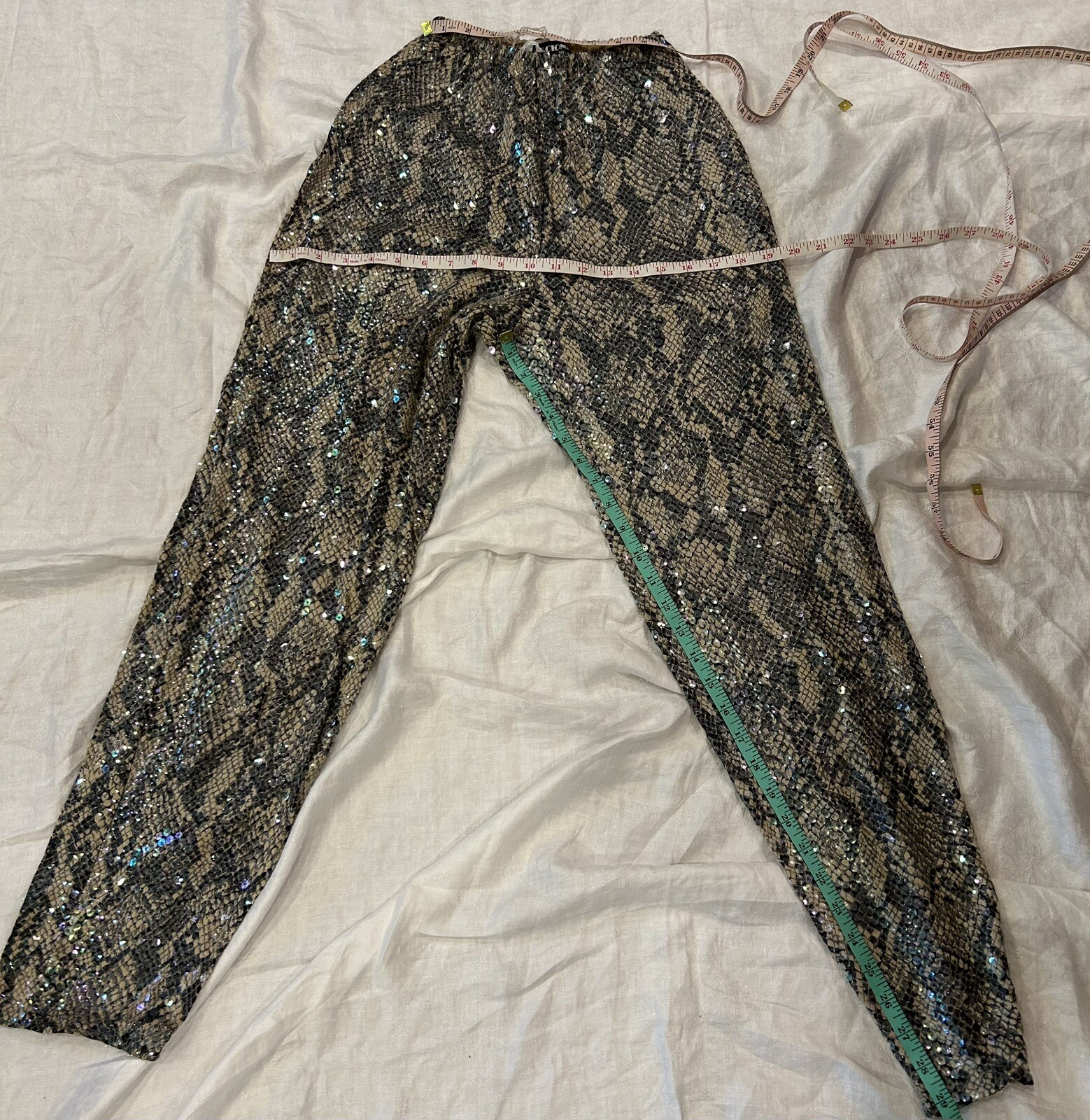 Vintage 80s Luxury Pant Suit Sz S Sequin Jersey Snakeskin Rhinestone CRISCIONE