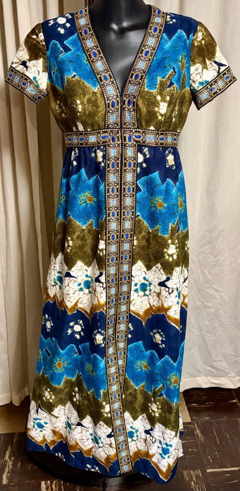 Women’s Miss Magnin Hawaiian Tapa Cloth Dress Metallic Ribbon Accents 2 Pockets