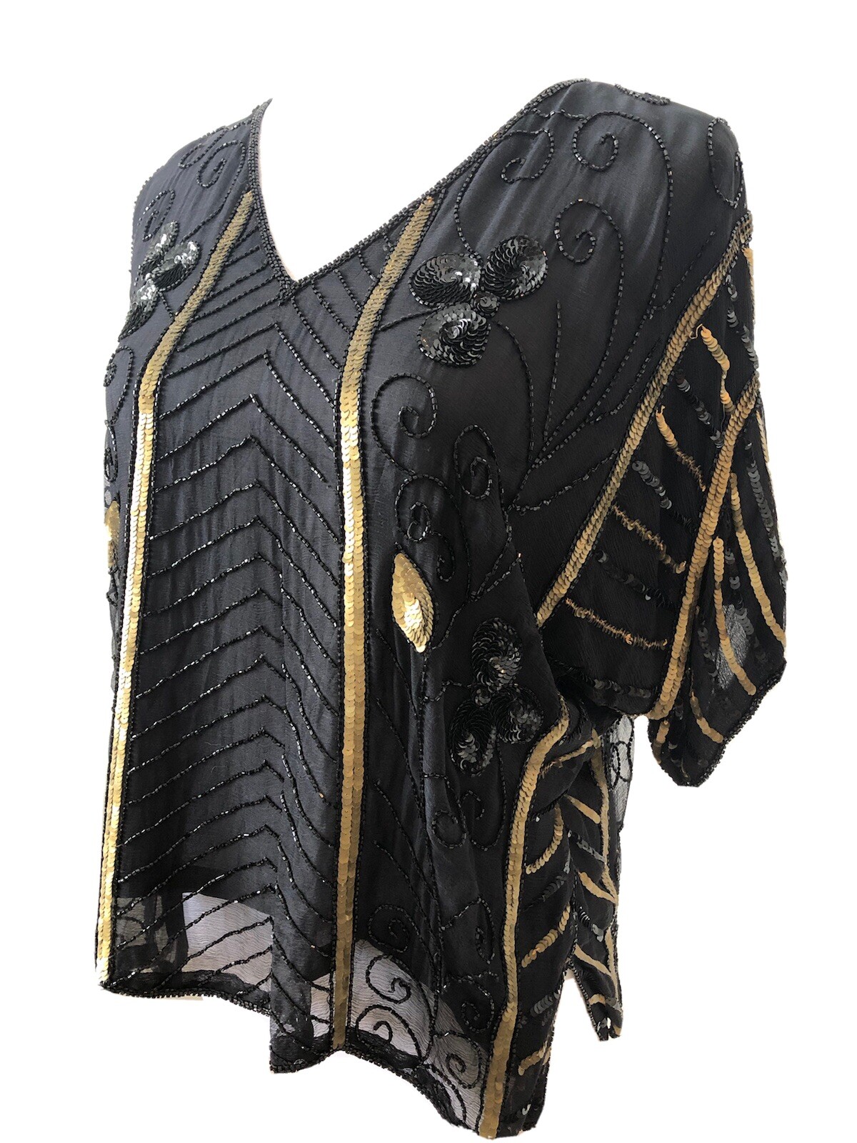 Vtg Beaded Sequin Top Black Gold Bougie Batwing Glam Festival Club Silk Showy M