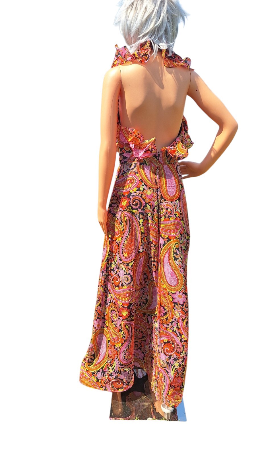 Jack Hartley Miami Maxi Dress Paisley Print Ruffle Neck Sleeveless S Vtg 70s