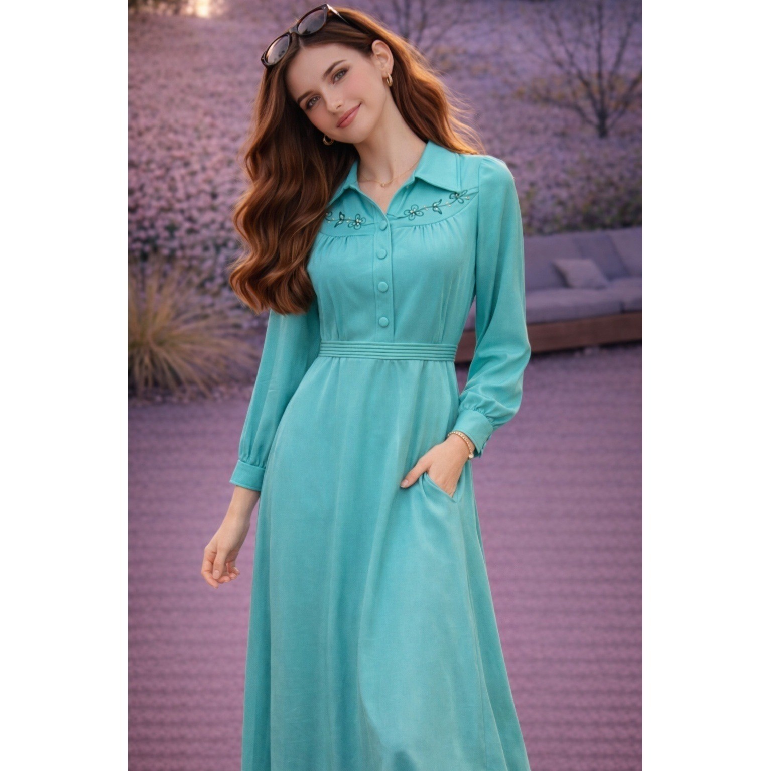 Vintage 70s Connections Maxi Dress Turquoise Embroidered Prairie Boho Retro 8H