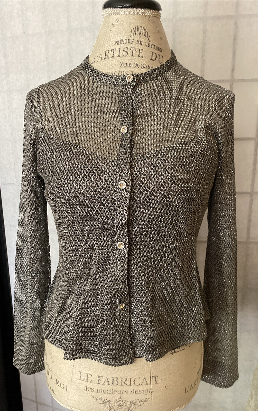 JS Collections VTG 90s Petite=XS Silver Stretch ViscoseCardigan Sweater+Tank Set