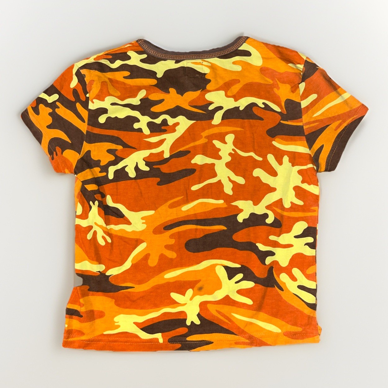 Vintage 90s Army Girl Jnco Baby Tee Shirt Top Orange Yellow Brown Camo USA Y2K