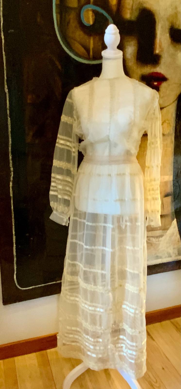 1970s Sheer Romantic Bridal Dress | Edwardian Revival Ivory with Ribbon