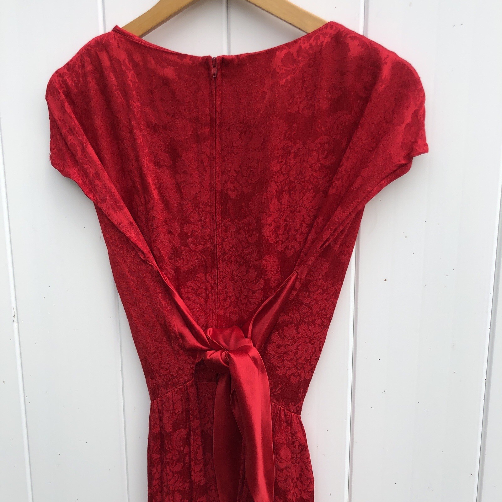 Vintage K.C. Spencer Short Sleeve Dress Red Maxi Floral Tie Gown Christmas 8