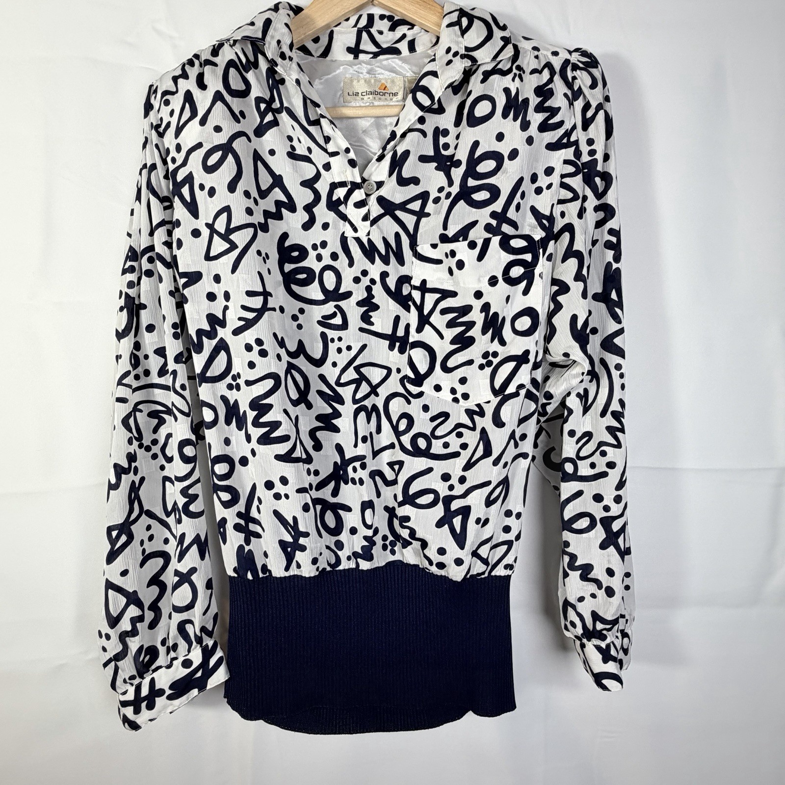 VTG 80s Liz Claiborne 2-Pc Blouson Top & Midi Skirt Navy Graffiti Print Small
