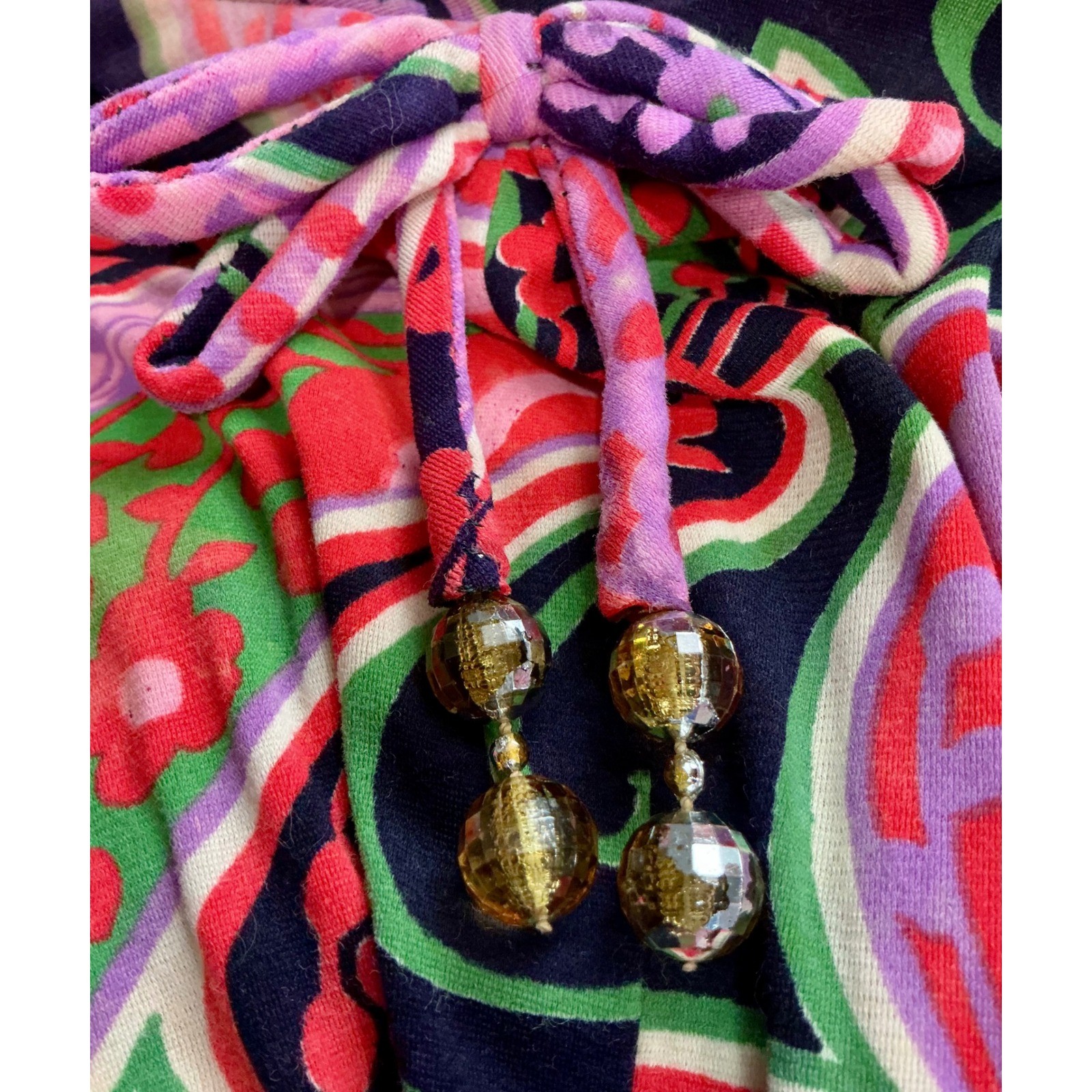 VTG 60s Psychedelic Paisley Beaded Tie Neck Hostess Maxi Dress S / M