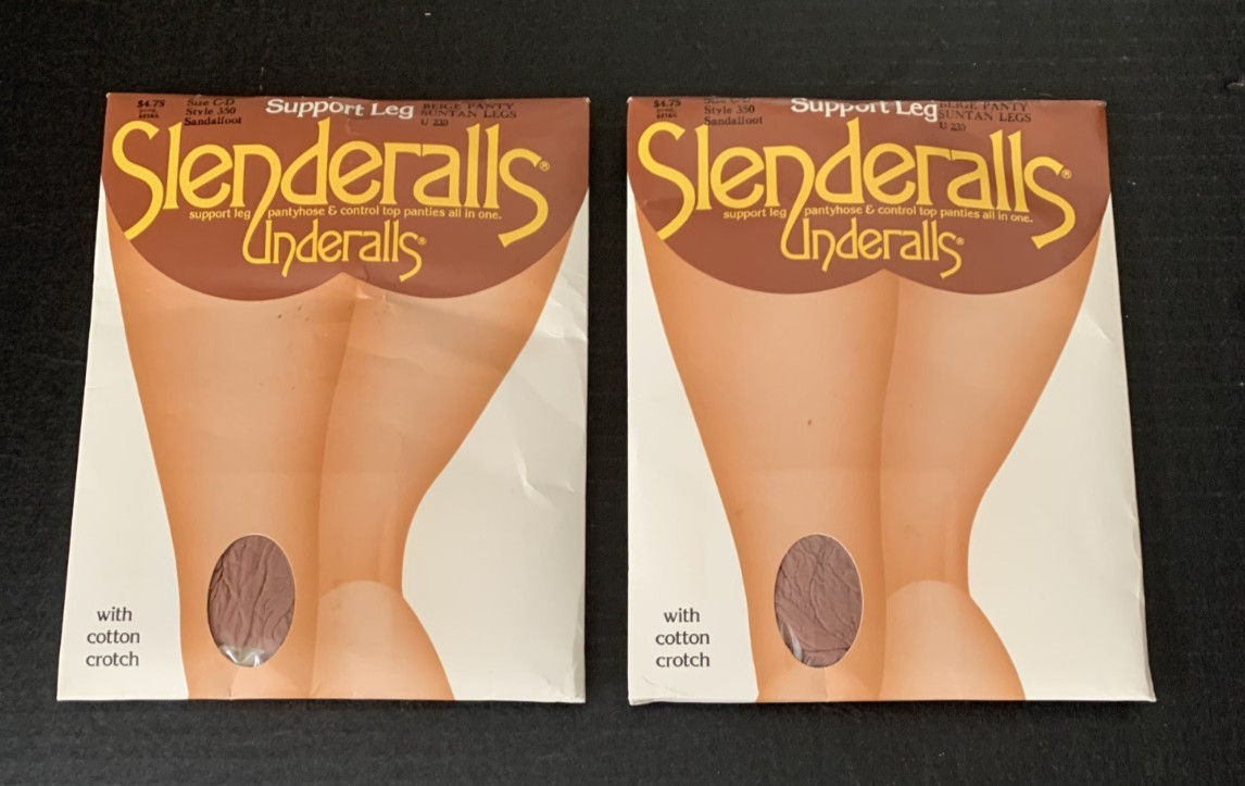 Vtg Slenderalls Support Leg Pantyhose Control Top Suntan Sandalfoot Sz C-D 2pr