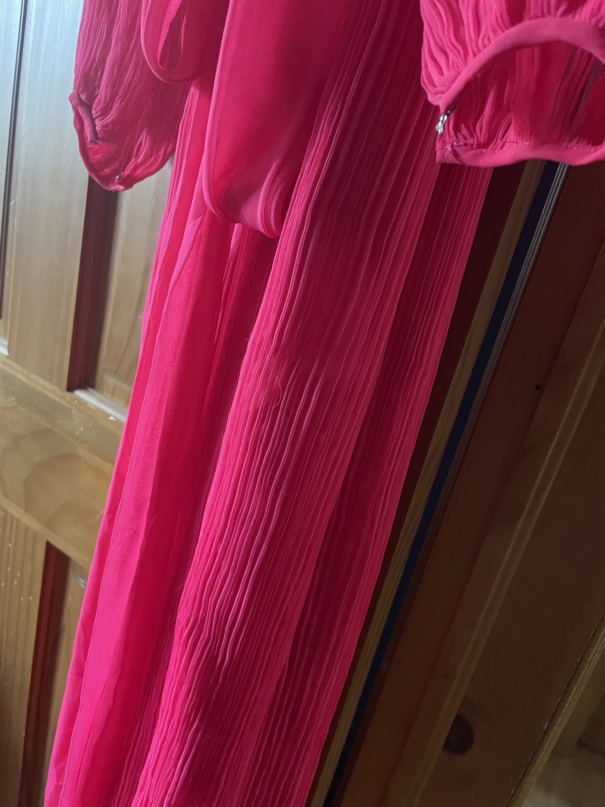 Vintage 70s Anthony Muto Accordion Pleat Evening Poly Chiffon Cape Gown Pink S-M