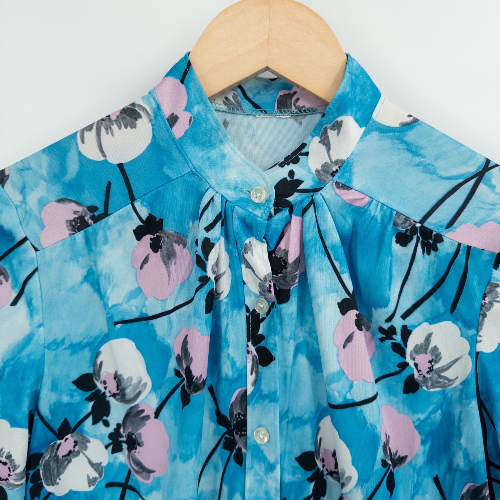 Vintage Floral Blouse Women Medium Blue 70s Psychedelic Disco Retro Fun Groovy